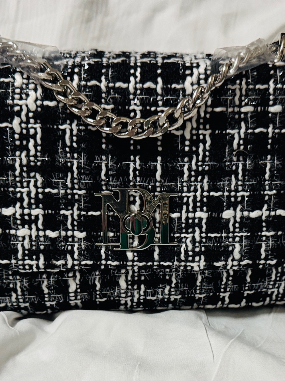 Badgley Mischka Black and White Tweed Chain Crossbody Bag